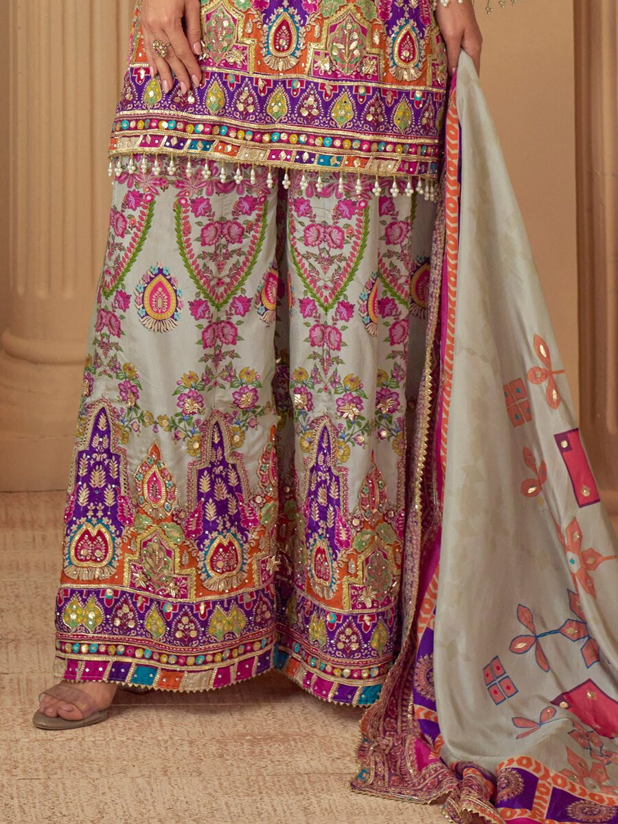 Multi Heavy Natural Crep Silk Embroidery Sequins Zari Wedding Party Festival Casual Ready Palazzo Pant Salwar Kameez