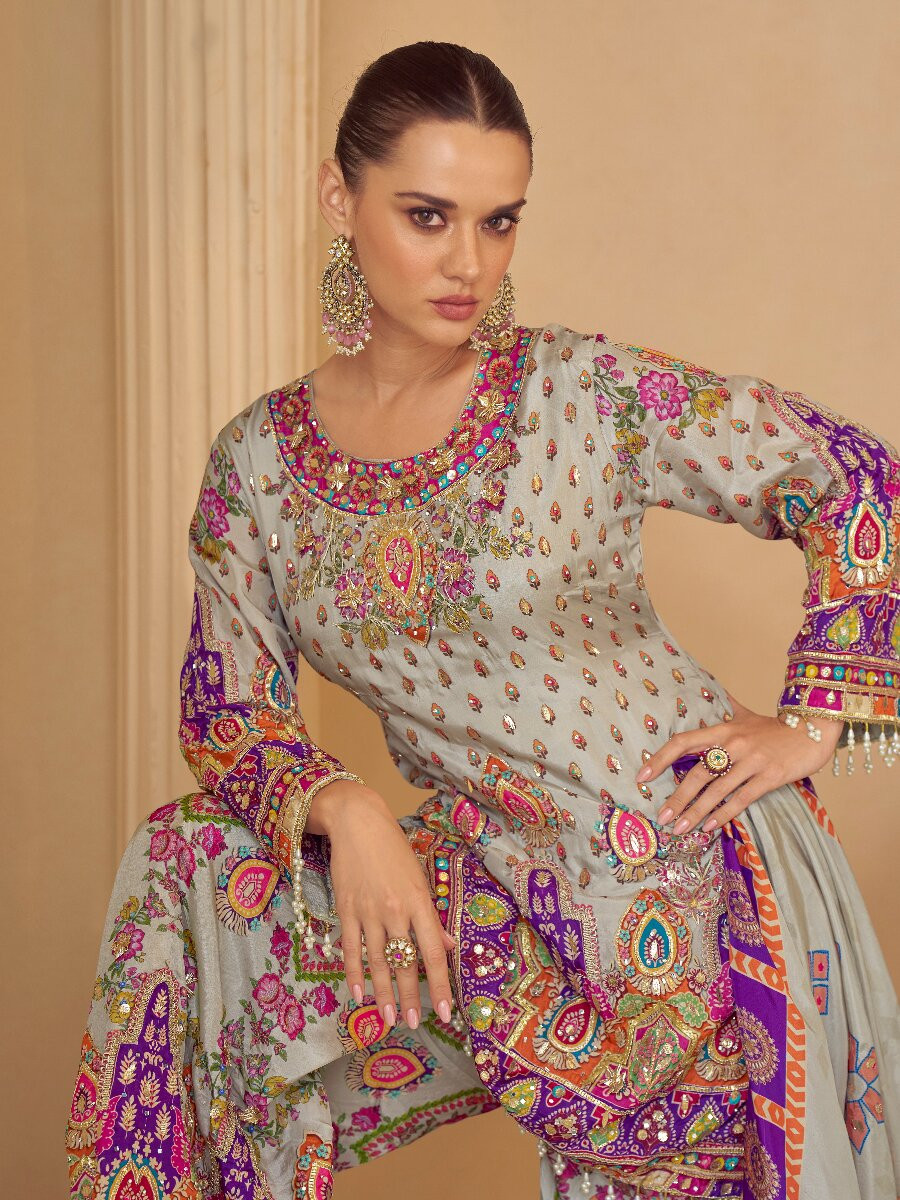 Multi Heavy Natural Crep Silk Embroidery Sequins Zari Wedding Party Festival Casual Ready Palazzo Pant Salwar Kameez