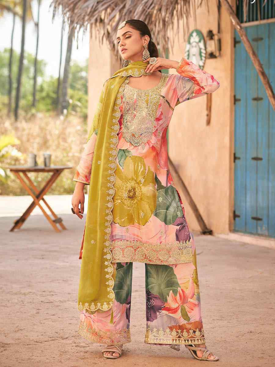 Multi Heavy Premium Chinon Embroidered Festival Casual Ready Palazzo Pant Salwar Kameez
