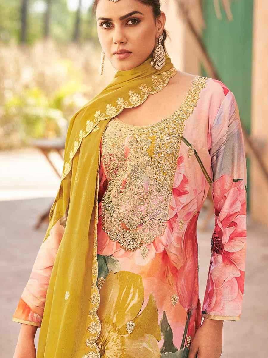 Multi Heavy Premium Chinon Embroidered Festival Casual Ready Palazzo Pant Salwar Kameez