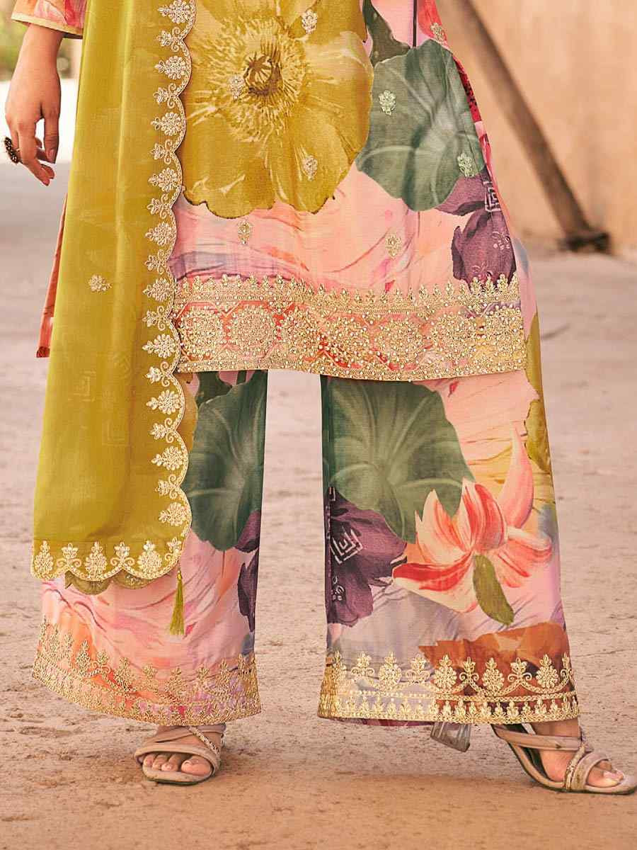 Multi Heavy Premium Chinon Embroidered Festival Casual Ready Palazzo Pant Salwar Kameez
