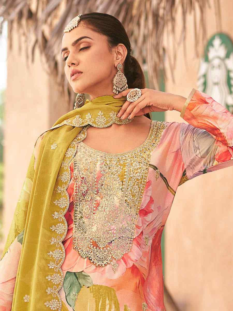 Multi Heavy Premium Chinon Embroidered Festival Casual Ready Palazzo Pant Salwar Kameez