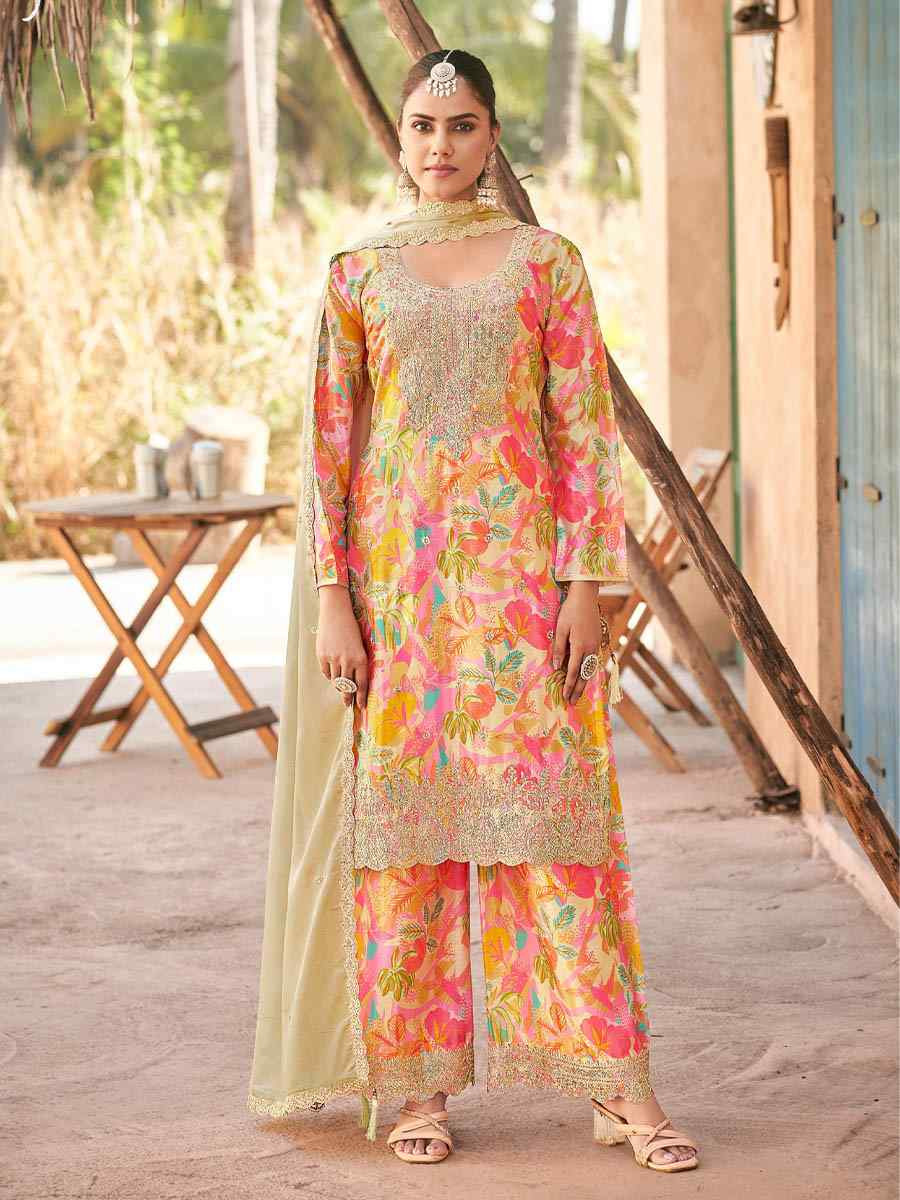 Multi Heavy Premium Chinon Embroidered Festival Casual Ready Palazzo Pant Salwar Kameez