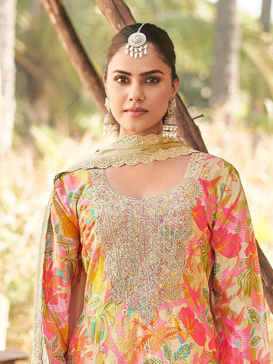 Multi Heavy Premium Chinon Embroidered Festival Casual Ready Palazzo Pant Salwar Kameez