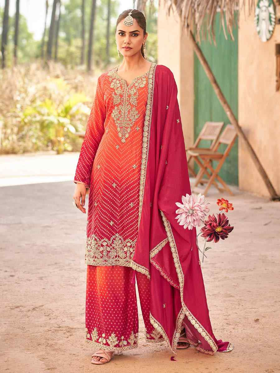 Multi Heavy Premium Chinon Embroidered Festival Casual Ready Palazzo Pant Salwar Kameez