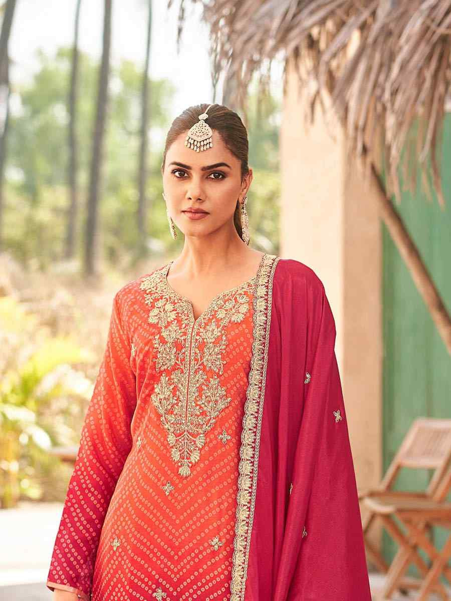 Multi Heavy Premium Chinon Embroidered Festival Casual Ready Palazzo Pant Salwar Kameez