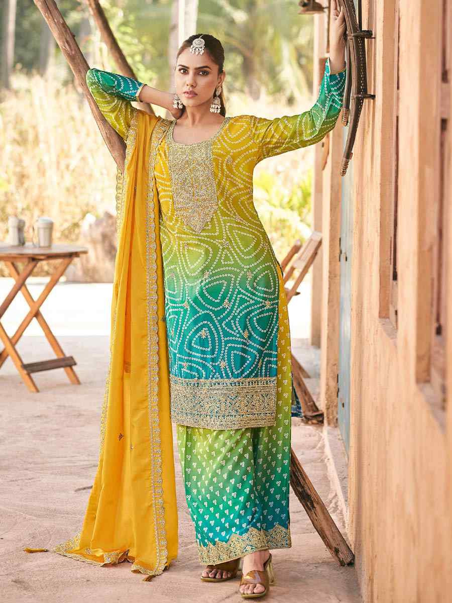 Multi Heavy Premium Chinon Embroidered Festival Casual Ready Palazzo Pant Salwar Kameez