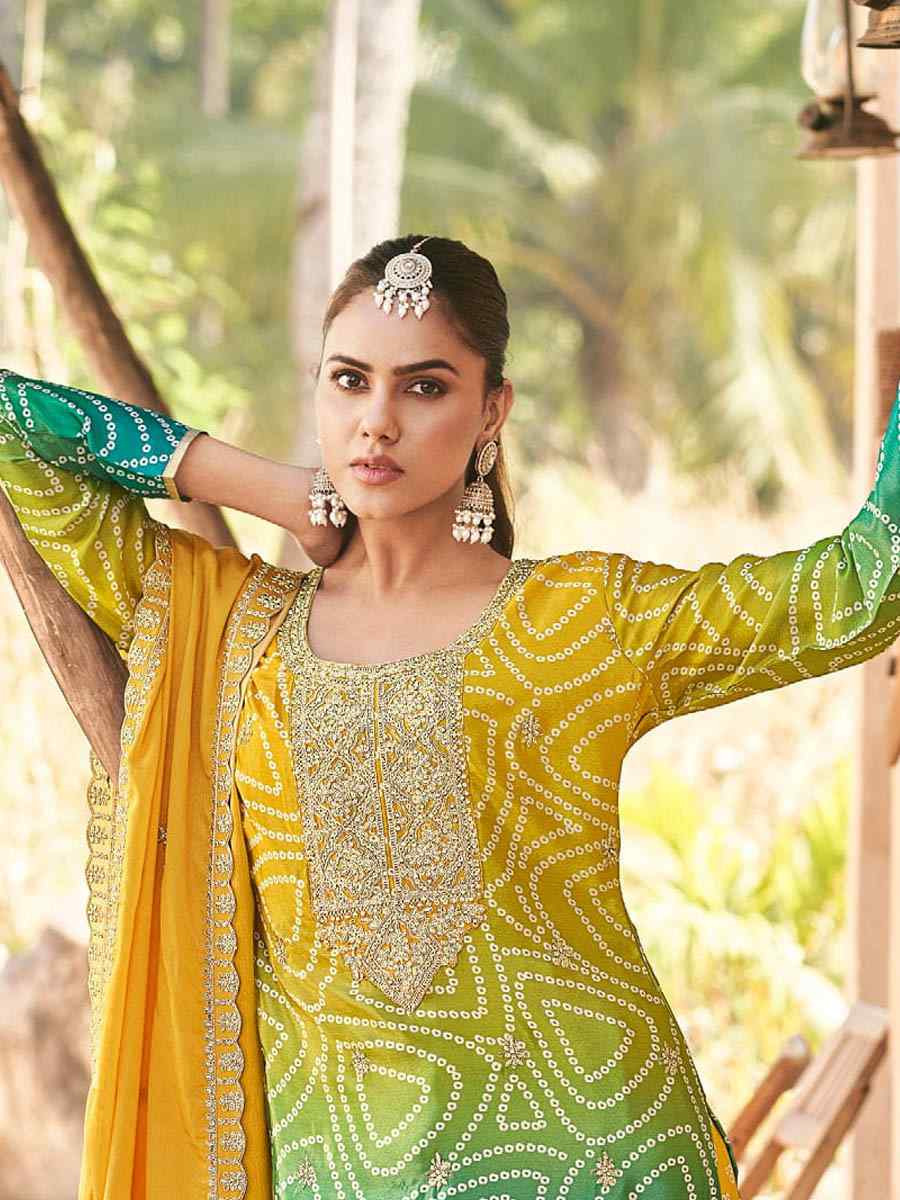 Multi Heavy Premium Chinon Embroidered Festival Casual Ready Palazzo Pant Salwar Kameez