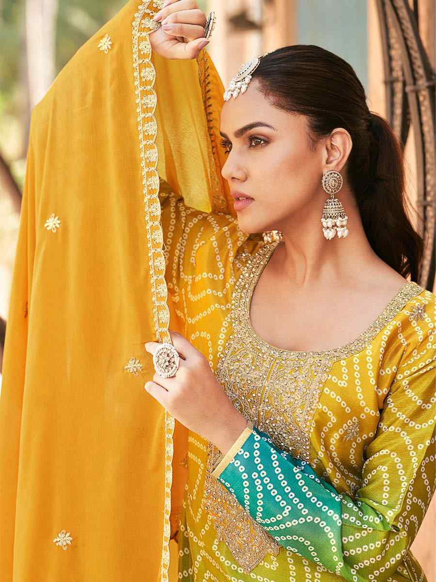 Multi Heavy Premium Chinon Embroidered Festival Casual Ready Palazzo Pant Salwar Kameez