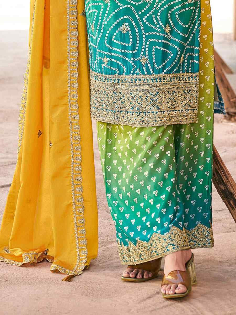 Multi Heavy Premium Chinon Embroidered Festival Casual Ready Palazzo Pant Salwar Kameez