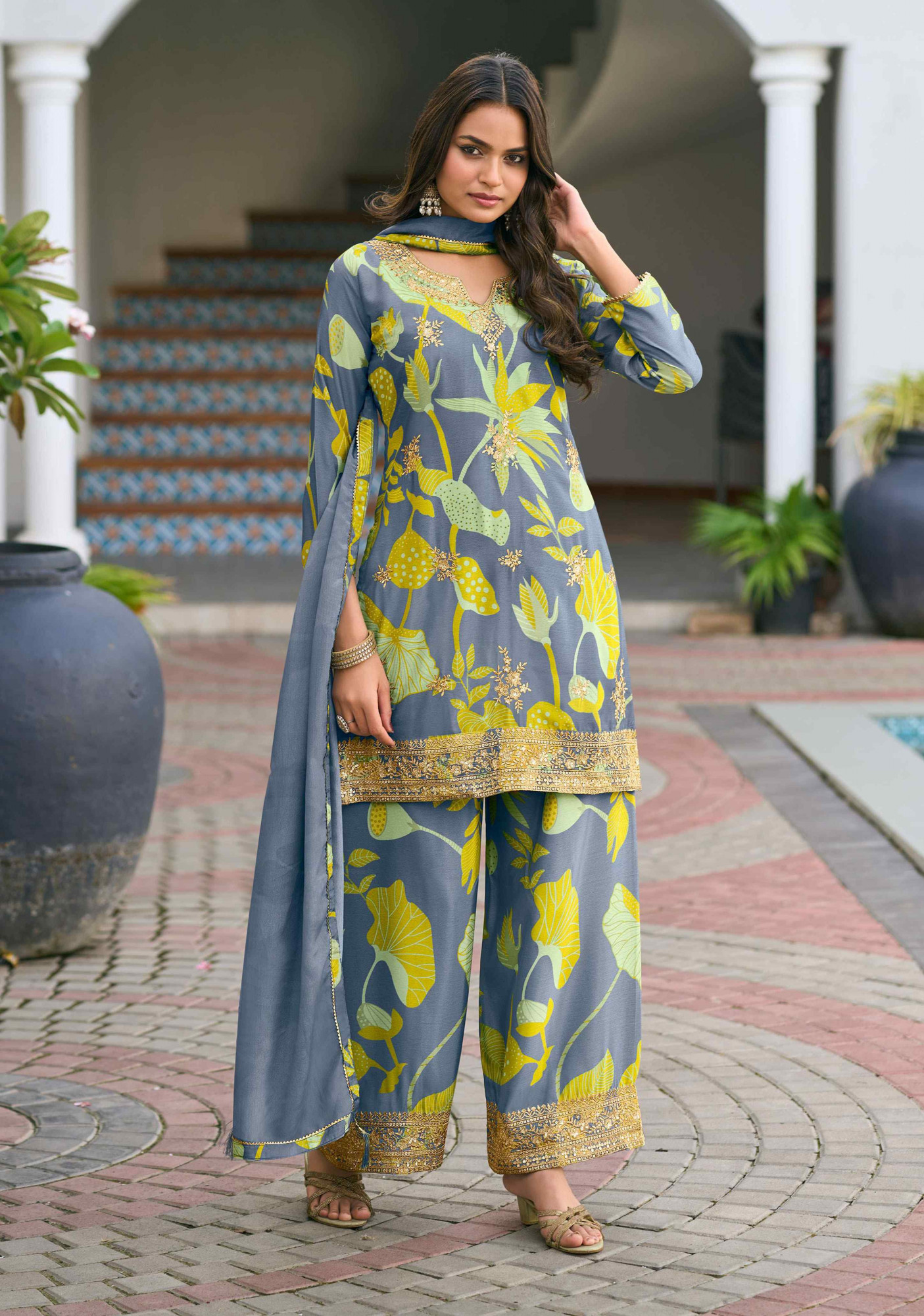 Multi Heavy Premium Chinon Embroidery Party Wedding Festival Casual Ready Palazzo Pant Salwar Kameez