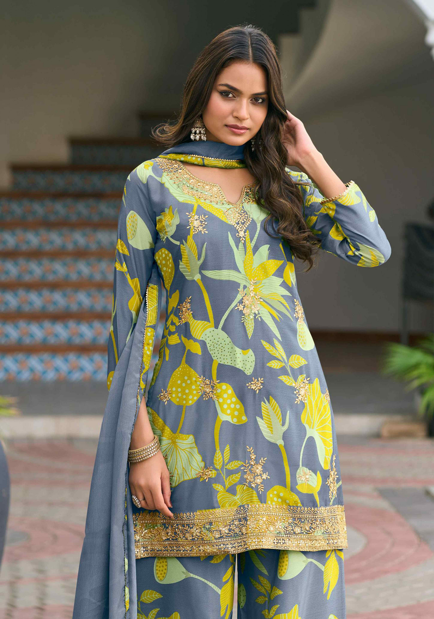 Multi Heavy Premium Chinon Embroidery Party Wedding Festival Casual Ready Palazzo Pant Salwar Kameez