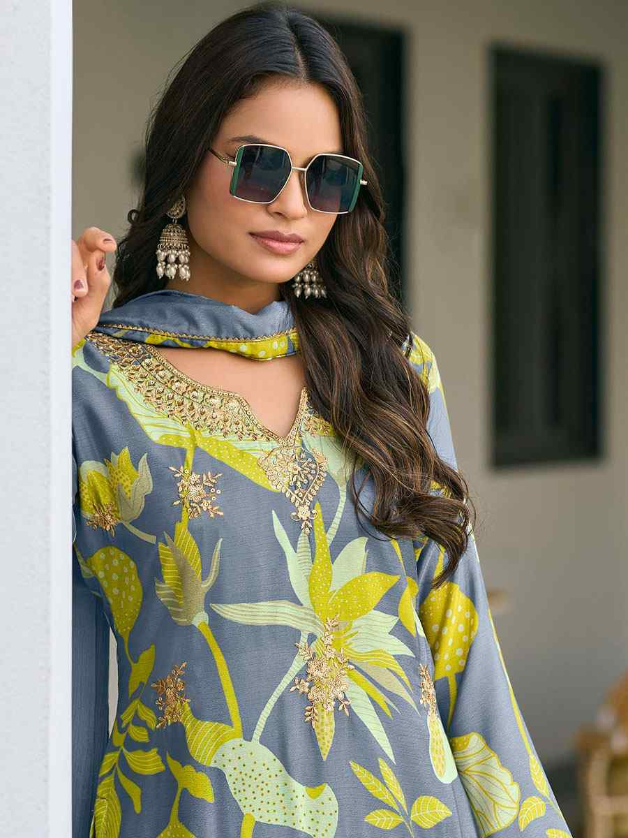 Multi Heavy Premium Chinon Embroidery Party Wedding Festival Casual Ready Palazzo Pant Salwar Kameez