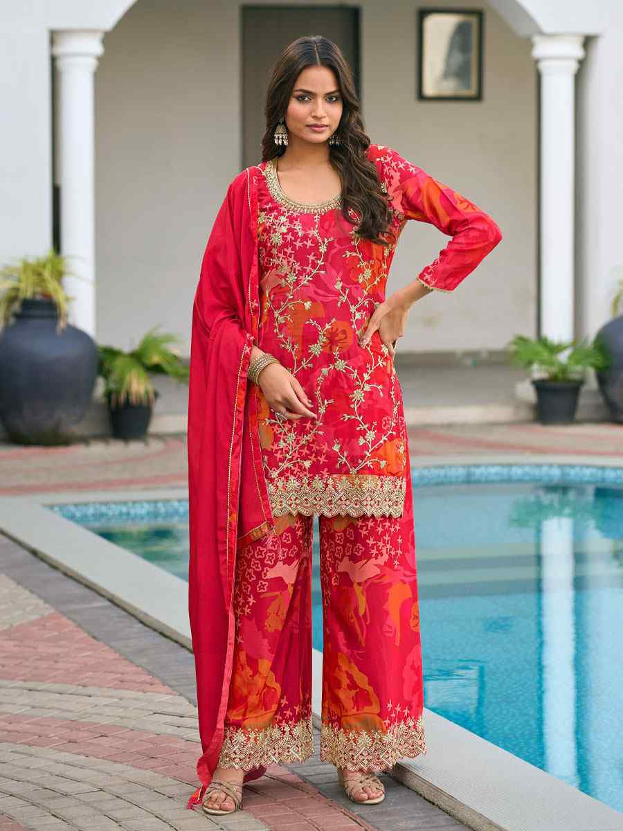 Multi Heavy Premium Chinon Embroidery Party Wedding Festival Casual Ready Palazzo Pant Salwar Kameez