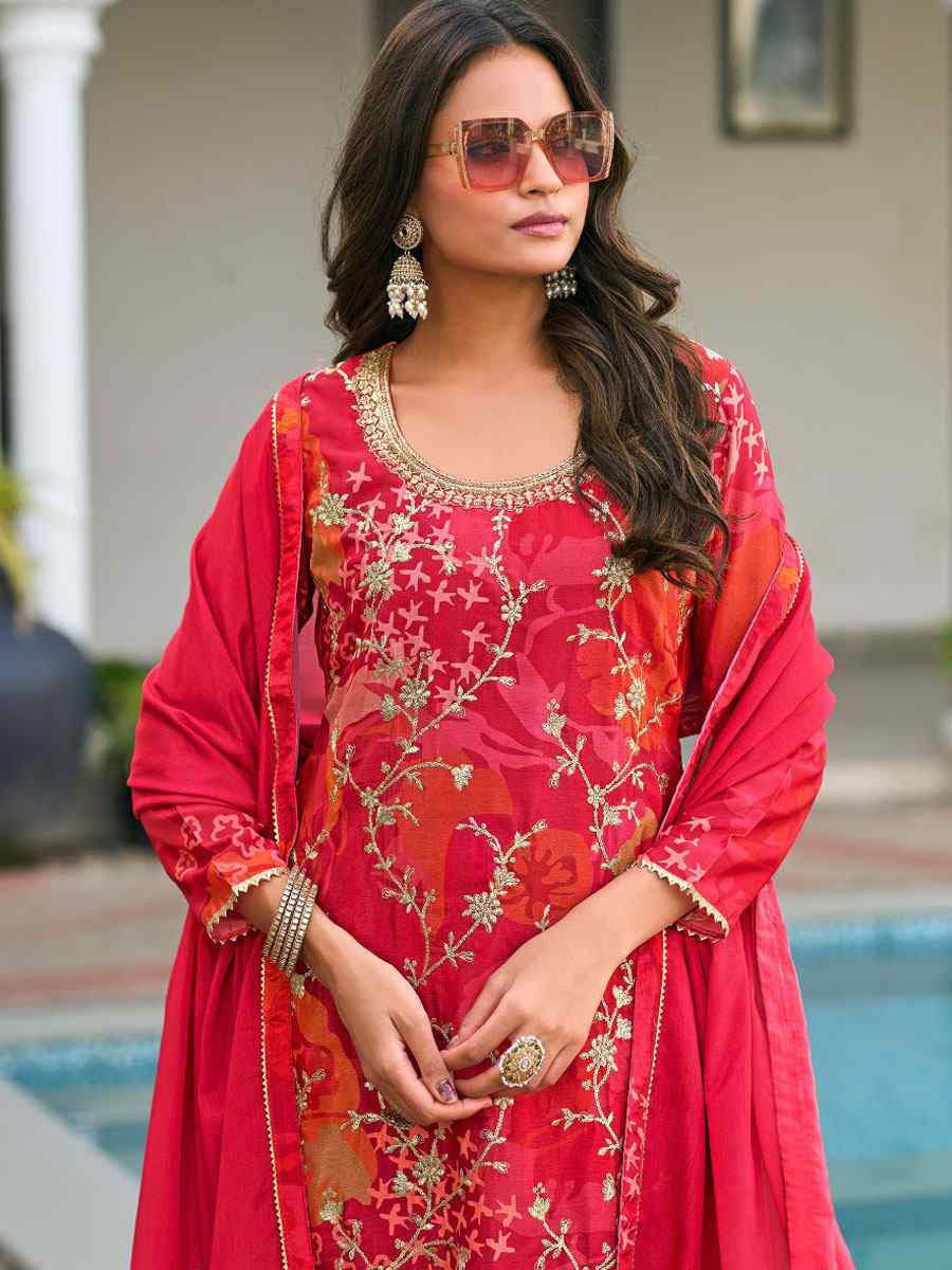 Multi Heavy Premium Chinon Embroidery Party Wedding Festival Casual Ready Palazzo Pant Salwar Kameez