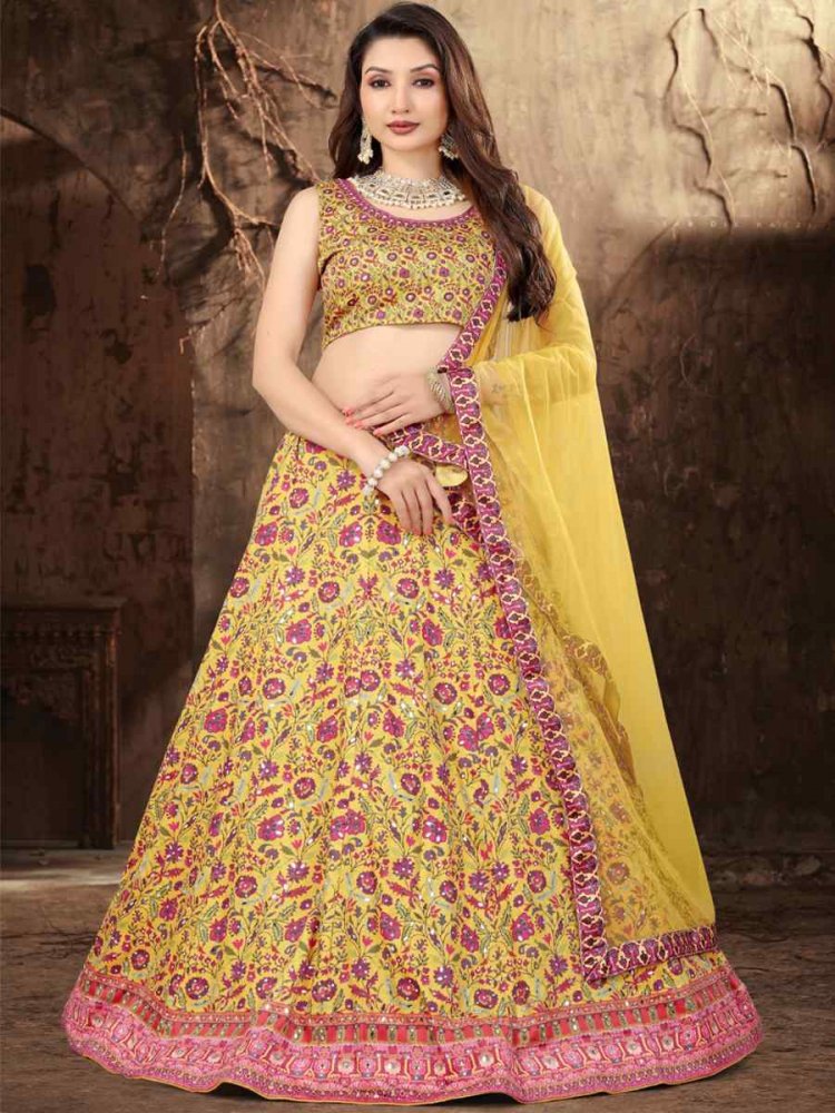 Multi Heavy Satin Embroidered Festival Wedding Heavy Border Lehenga Choli