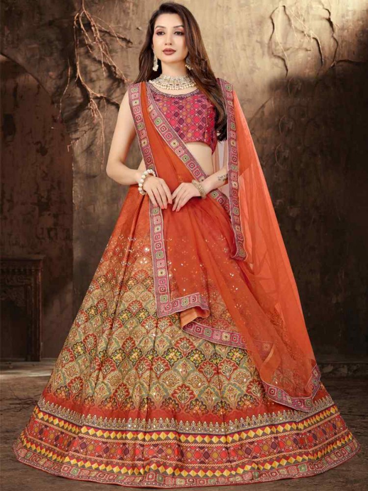 Multi Heavy Satin Embroidered Festival Wedding Heavy Border Lehenga Choli