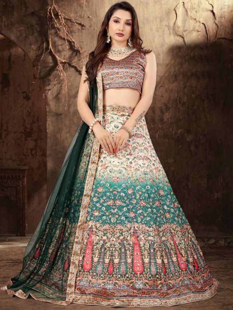 Multi Heavy Satin Embroidered Festival Wedding Heavy Border Lehenga Choli