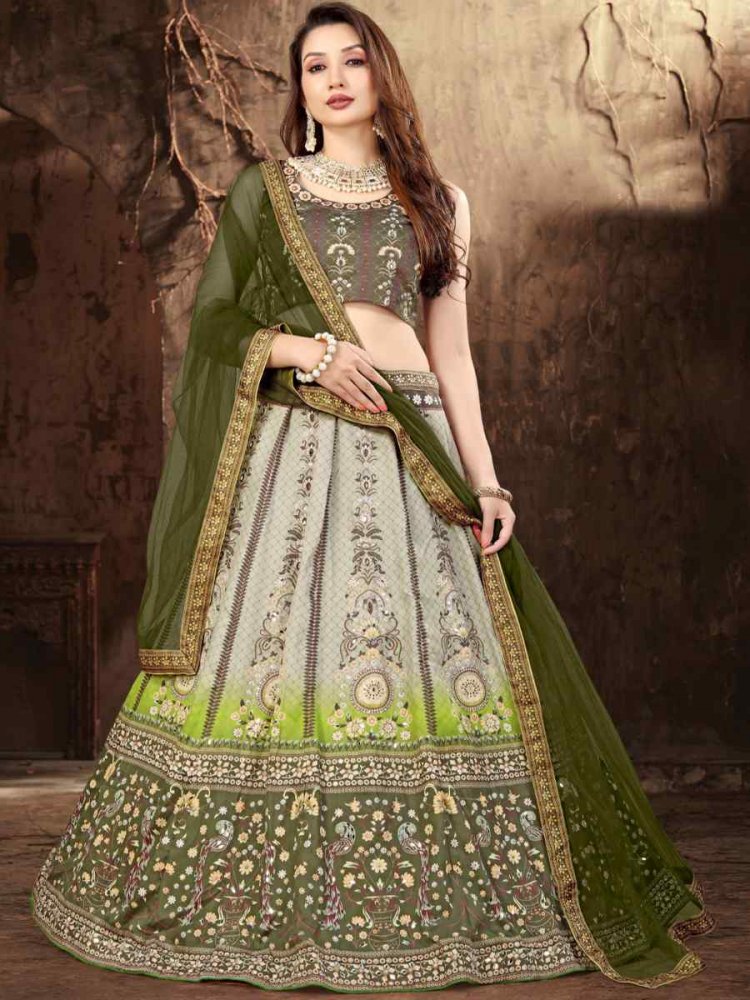 Multi Heavy Satin Embroidered Festival Wedding Heavy Border Lehenga Choli