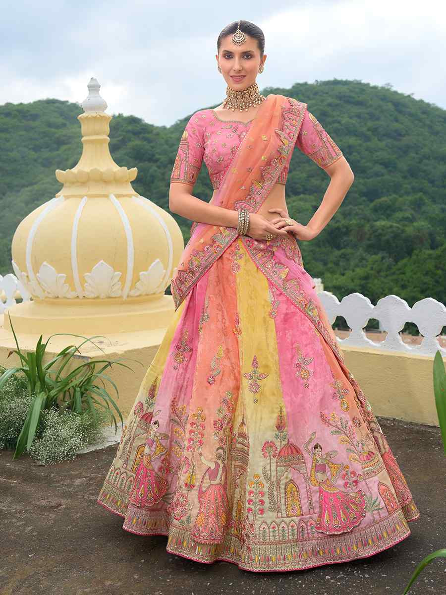 Multi Heavy Silk Embroidery Wedding Reception Party Wear Heavy Border Lehenga Choli