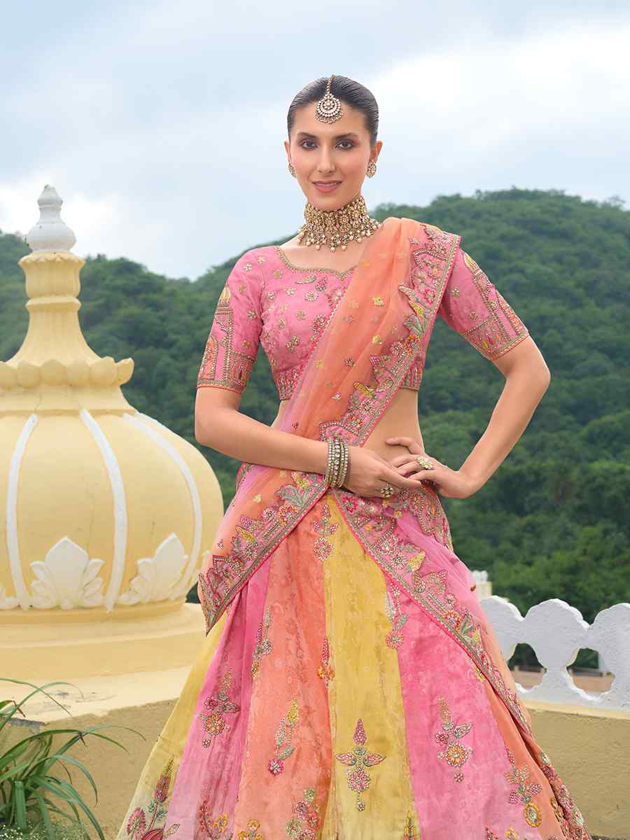 Multi Heavy Silk Embroidery Wedding Reception Party Wear Heavy Border Lehenga Choli