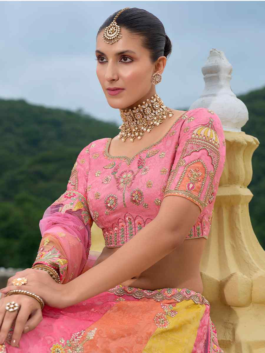 Multi Heavy Silk Embroidery Wedding Reception Party Wear Heavy Border Lehenga Choli