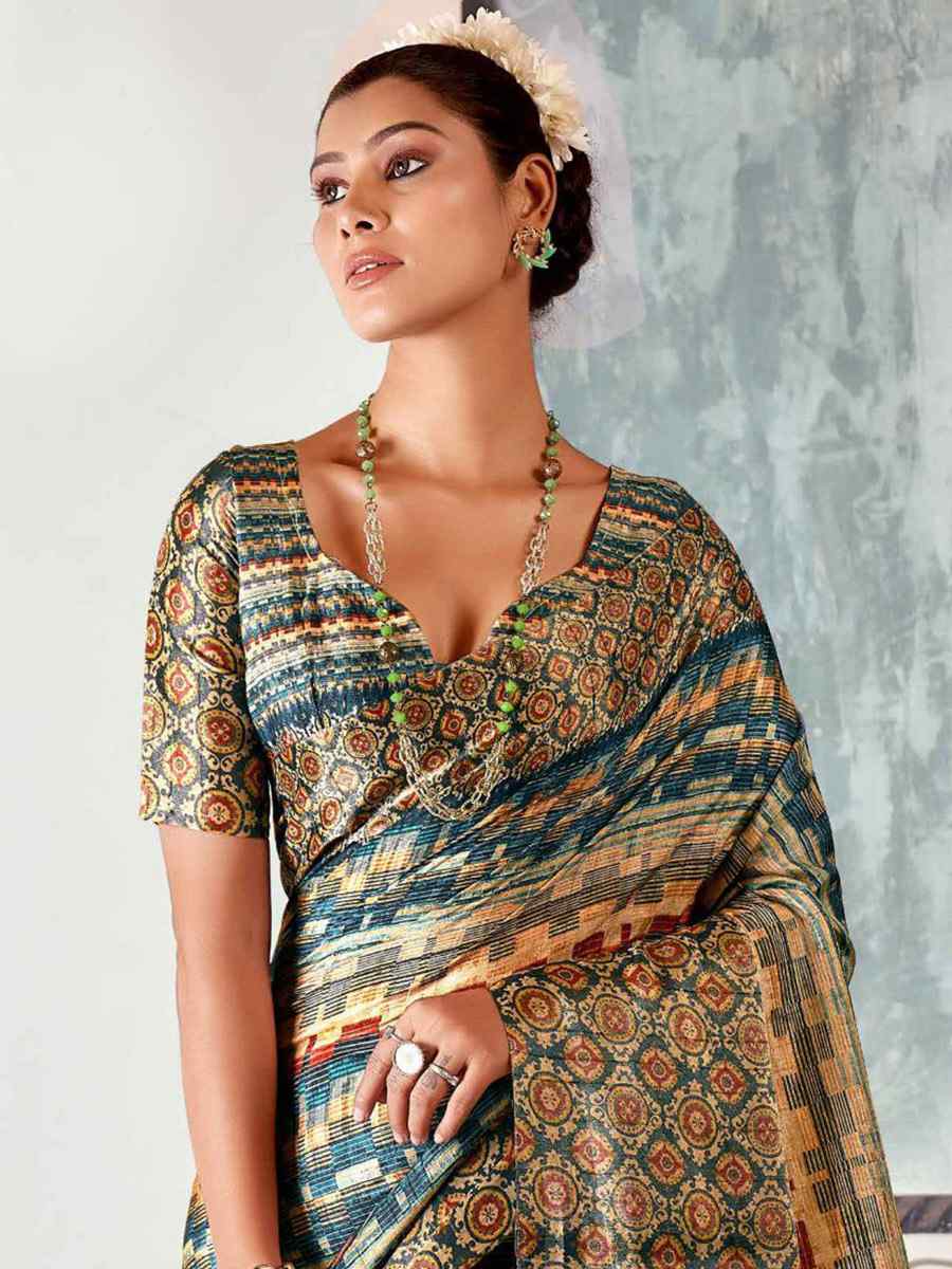 Multi Heavy Tusser Gotha Silk Printed Casual Festival Contemporary Saree