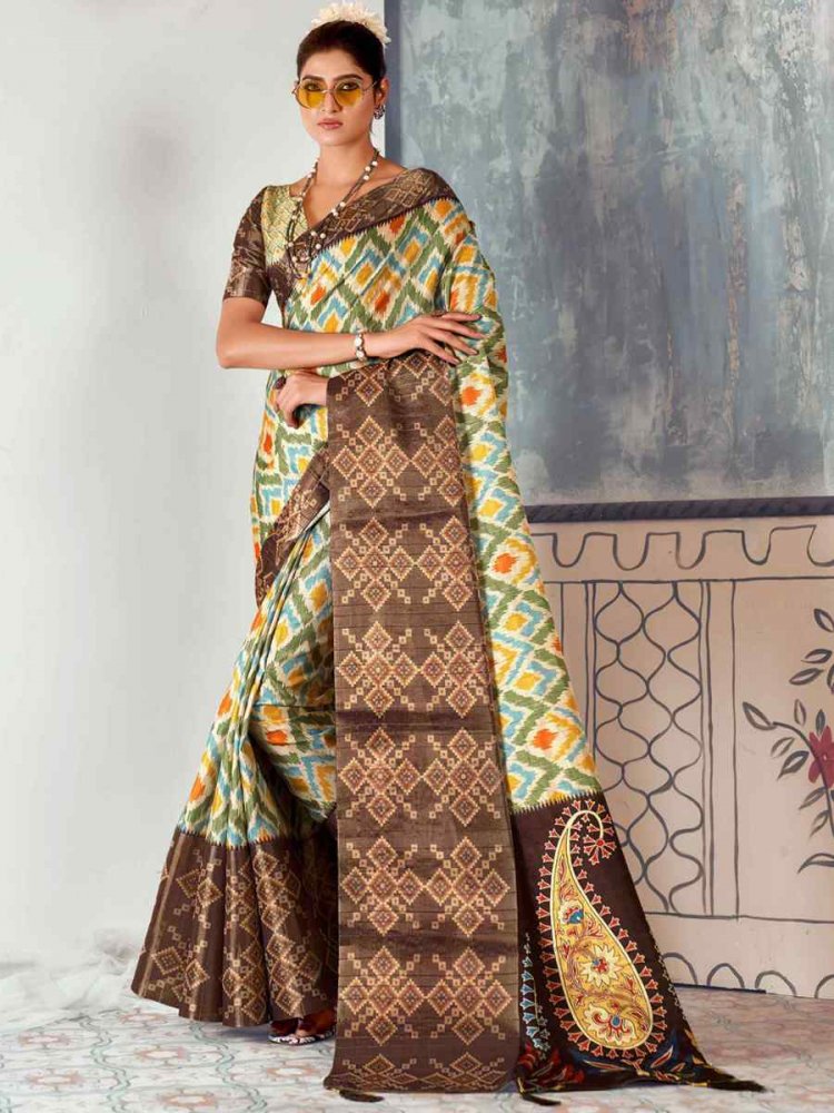 Multi Heavy Tusser Gotha Silk Printed Casual Festival Contemporary Saree