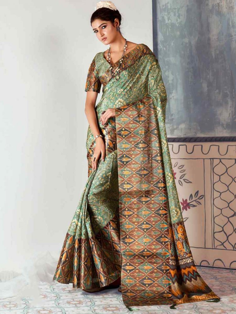 Multi Heavy Tusser Gotha Silk Printed Casual Festival Contemporary Saree