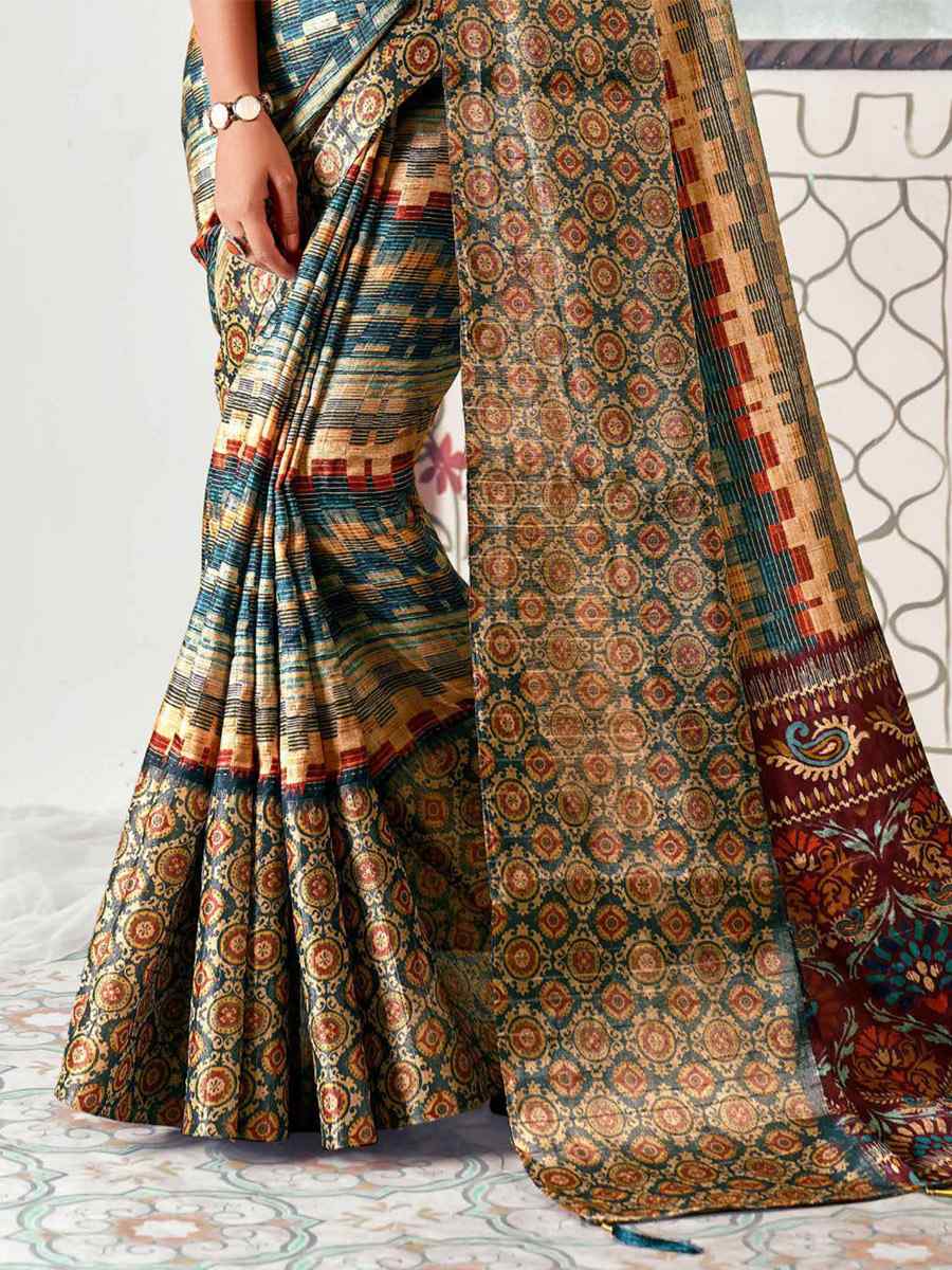 Multi Heavy Tusser Gotha Silk Printed Casual Festival Contemporary Saree