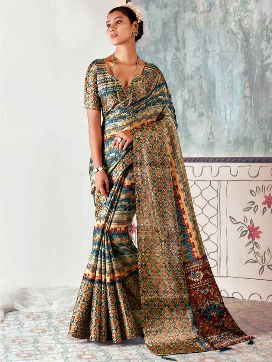 Multi Heavy Tusser Gotha Silk Printed Casual Festival Contemporary Saree