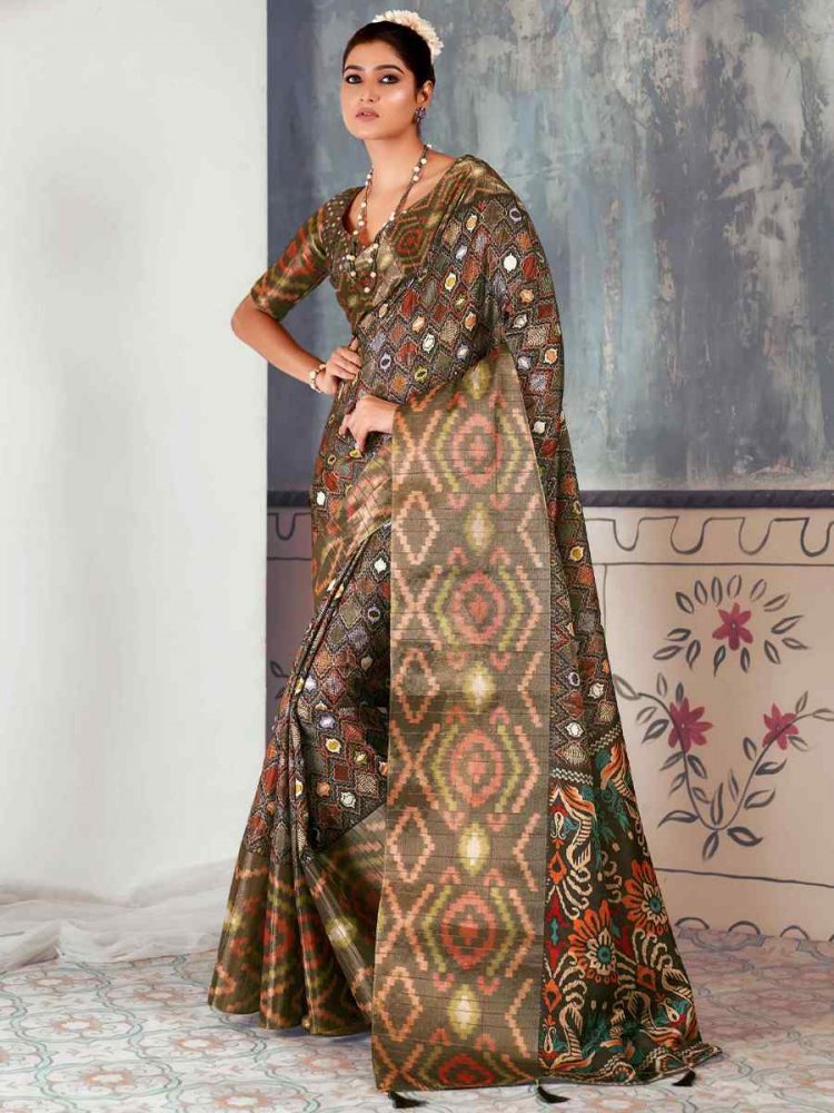 Multi Heavy Tusser Gotha Silk Printed Casual Festival Contemporary Saree