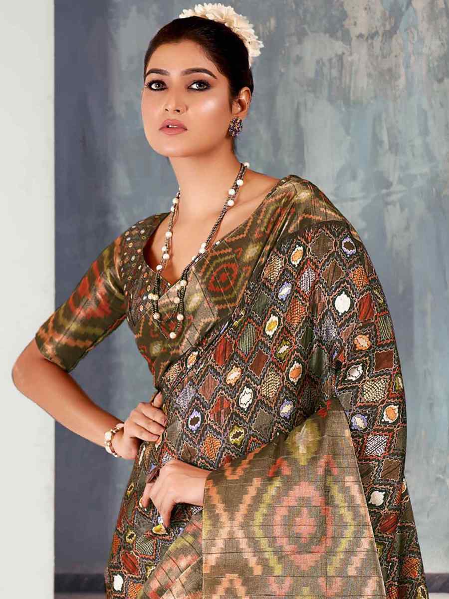 Multi Heavy Tusser Gotha Silk Printed Casual Festival Contemporary Saree