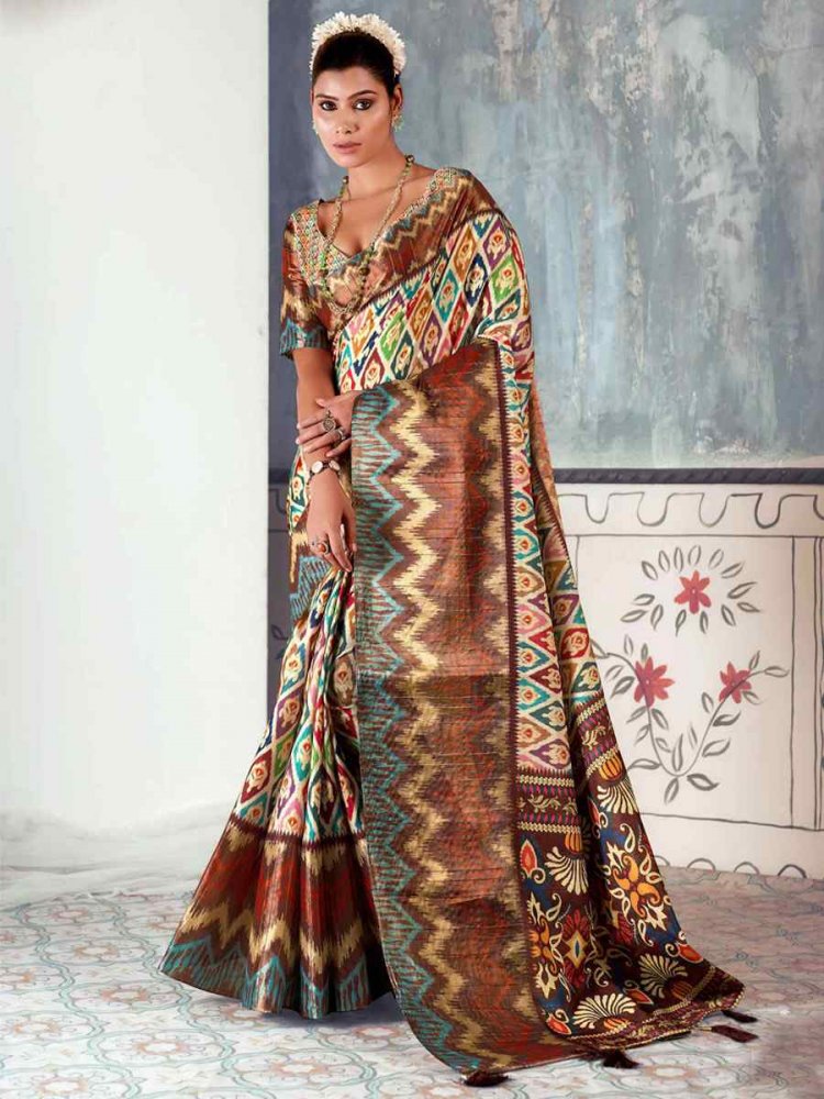Multi Heavy Tusser Gotha Silk Printed Casual Festival Contemporary Saree