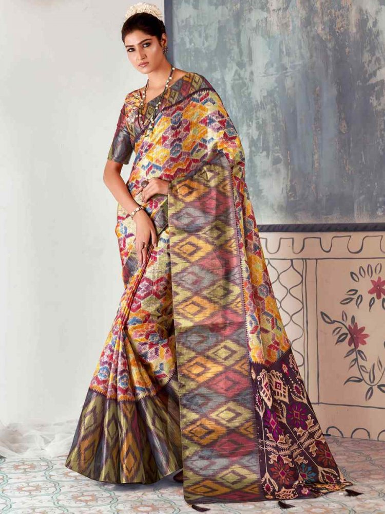 Multi Heavy Tusser Gotha Silk Printed Casual Festival Contemporary Saree