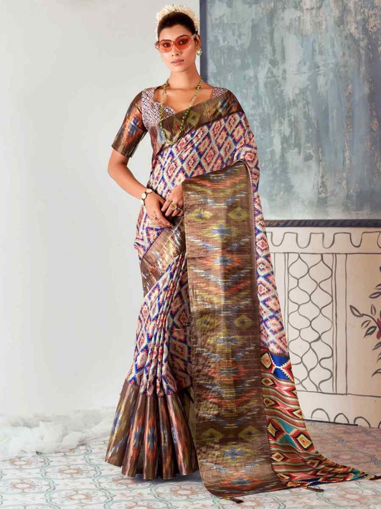 Multi Heavy Tusser Gotha Silk Printed Casual Festival Contemporary Saree