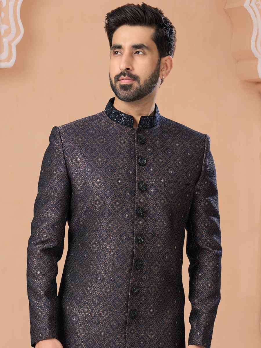Multi Jacquard Embroidered Groom Wedding Sherwani
