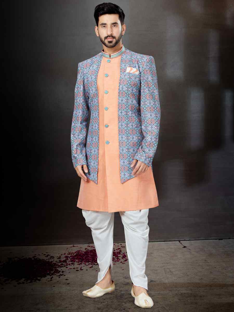 Multi Jacquard Silk Dupion Embroidered Festival Wedding Sherwani