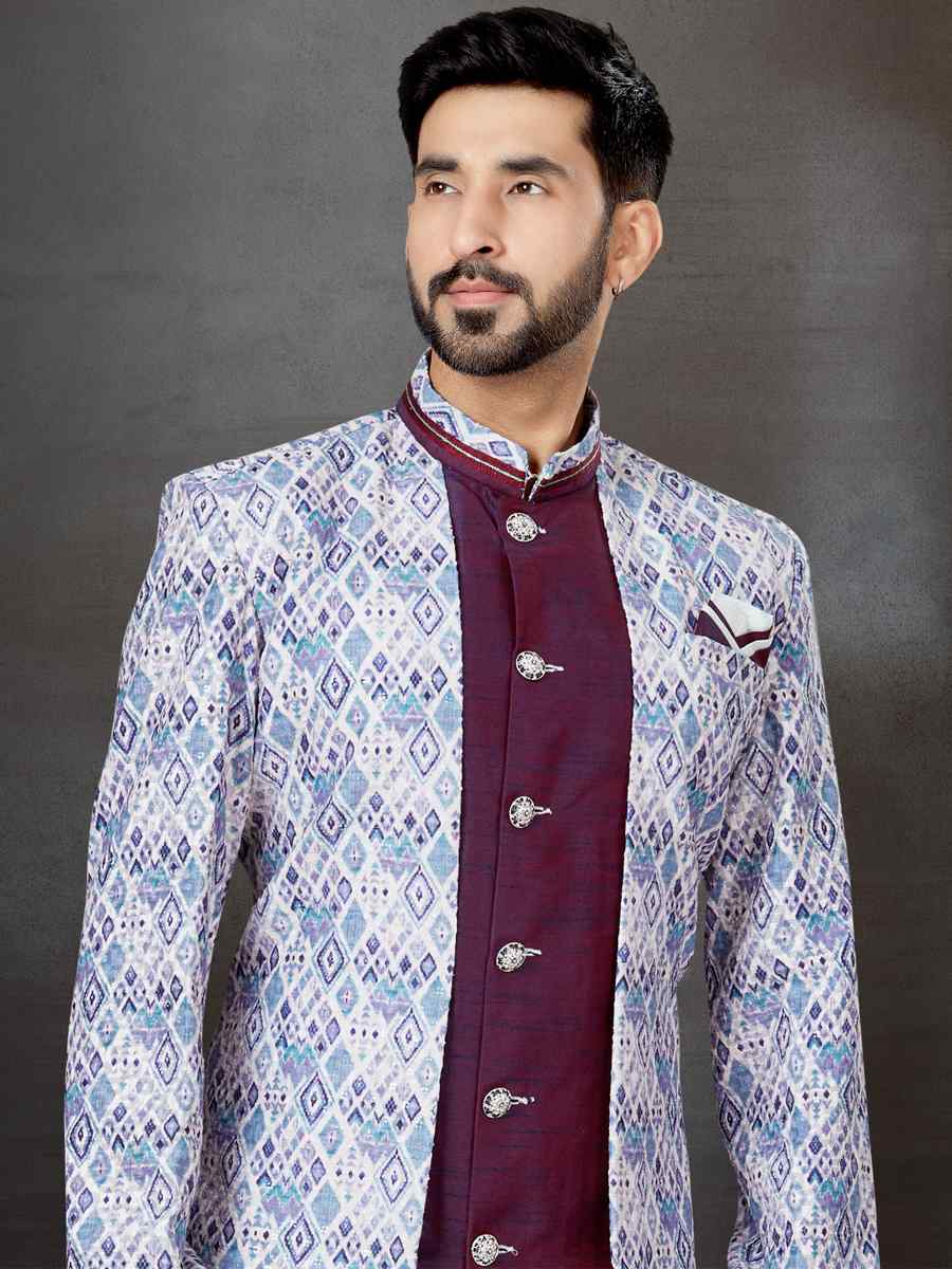 Multi Jacquard Silk Dupion Embroidered Festival Wedding Sherwani