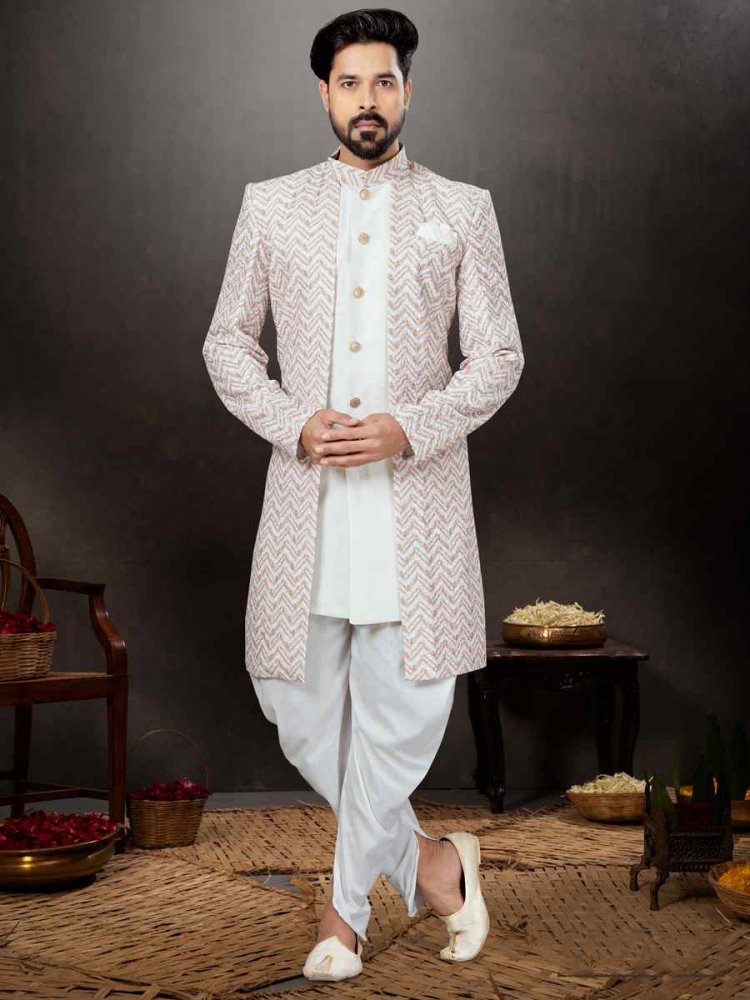 Multi Jacquard Silk Dupion Embroidered Festival Wedding Sherwani