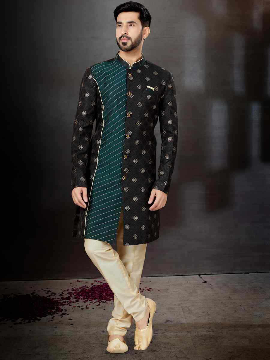 Multi Jacquard Silk Dupion Embroidered Festival Wedding Sherwani