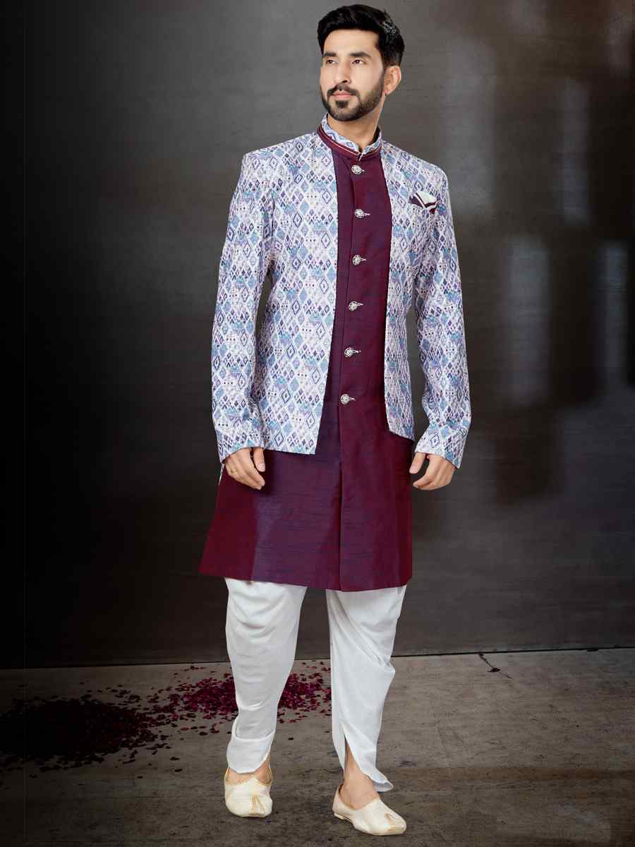 Multi Jacquard Silk Dupion Embroidered Festival Wedding Sherwani