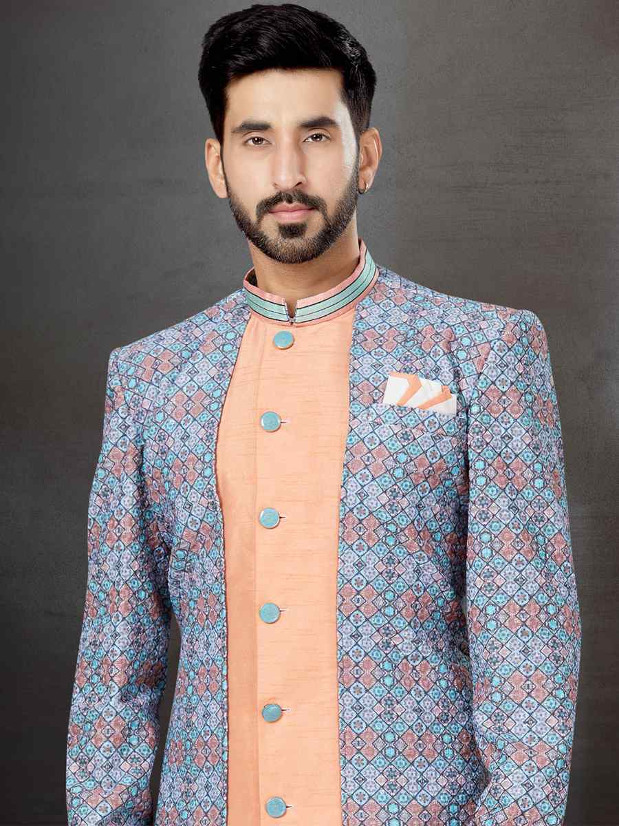 Multi Jacquard Silk Dupion Embroidered Festival Wedding Sherwani