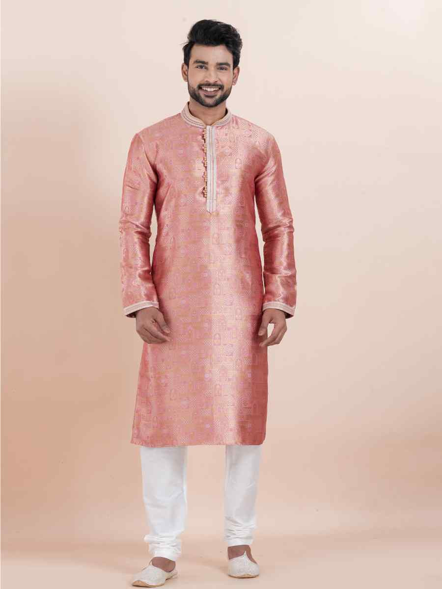 Multi Jacquard Silk Embroidered Festival Wedding Kurta Pyjama Men's Wear