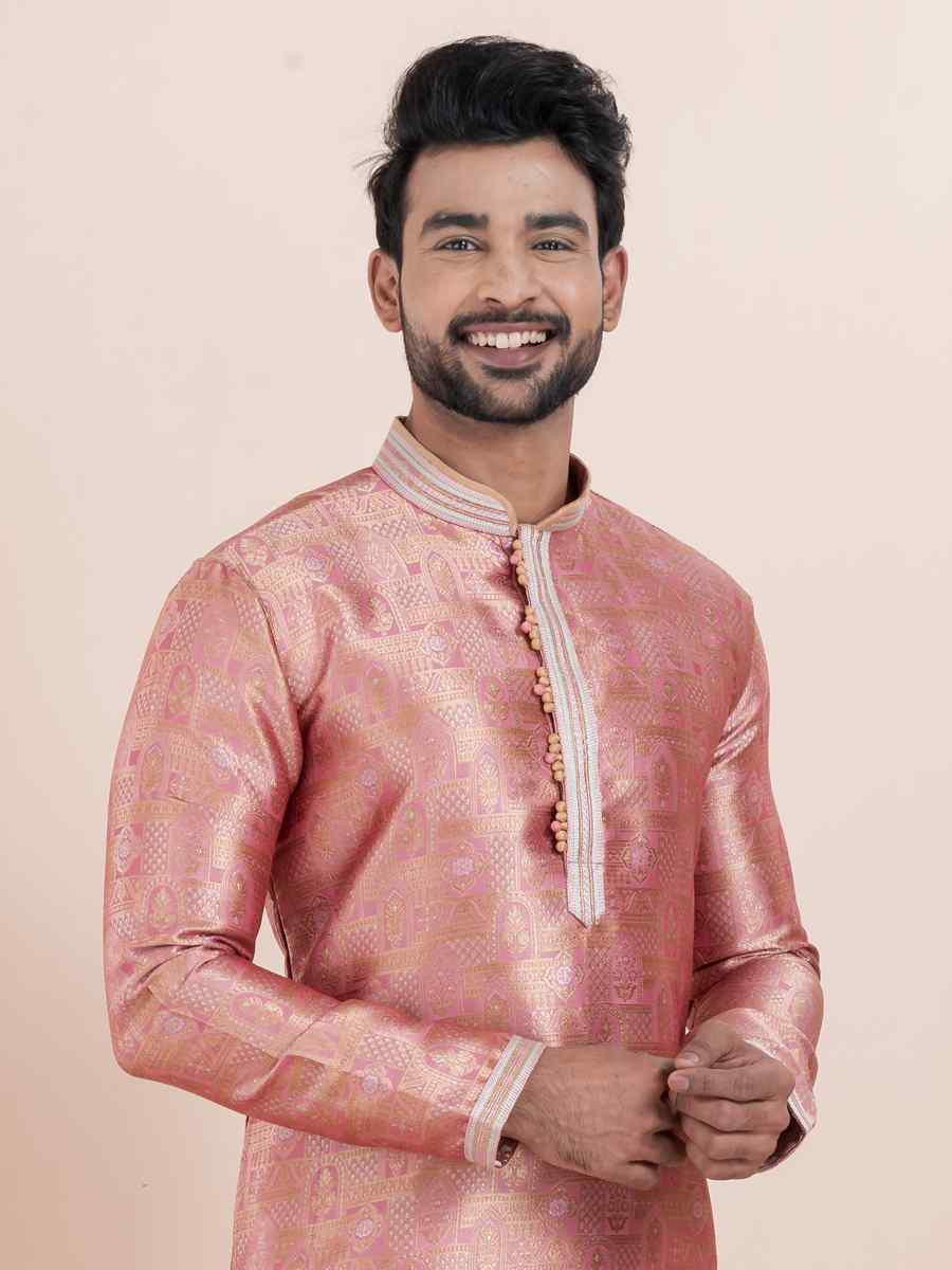 Multi Jacquard Silk Embroidered Festival Wedding Kurta Pyjama Men's Wear