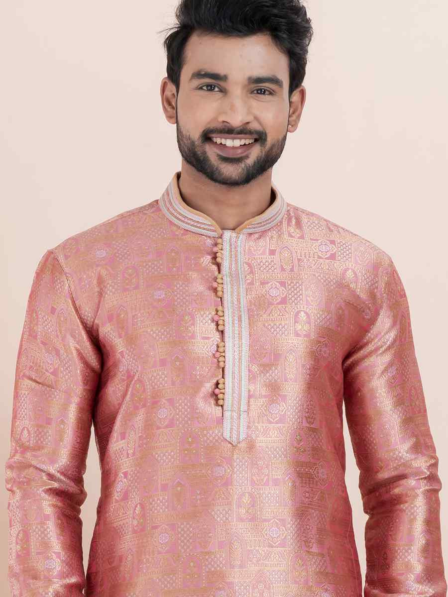 Multi Jacquard Silk Embroidered Festival Wedding Kurta Pyjama Men's Wear