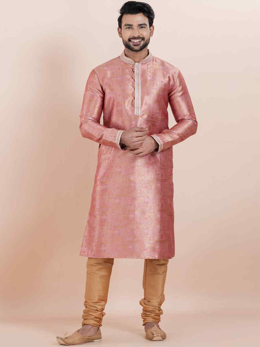 Multi Jacquard Silk Embroidered Festival Wedding Kurta Pyjama Men's Wear