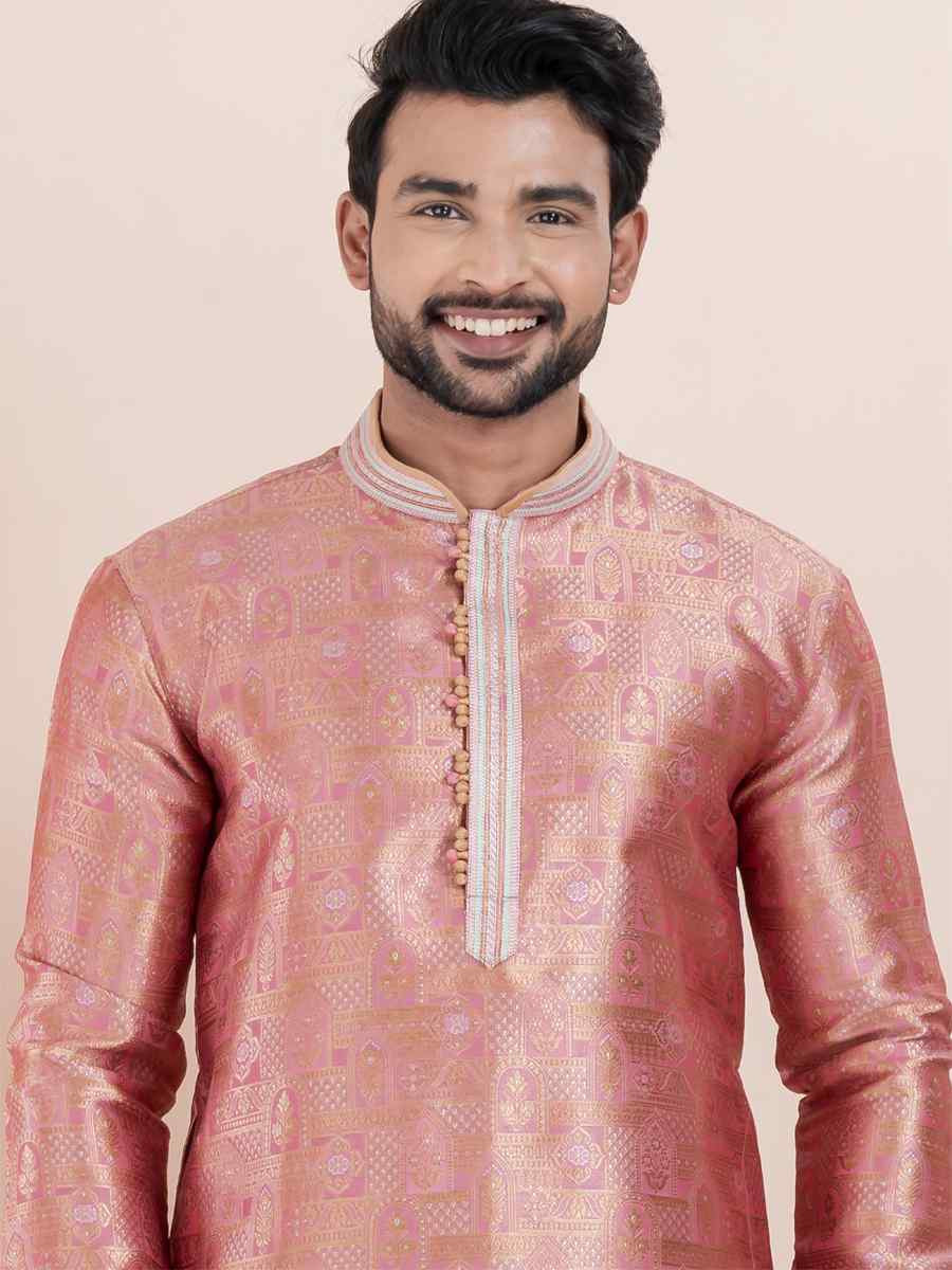 Multi Jacquard Silk Embroidered Festival Wedding Kurta Pyjama Men's Wear
