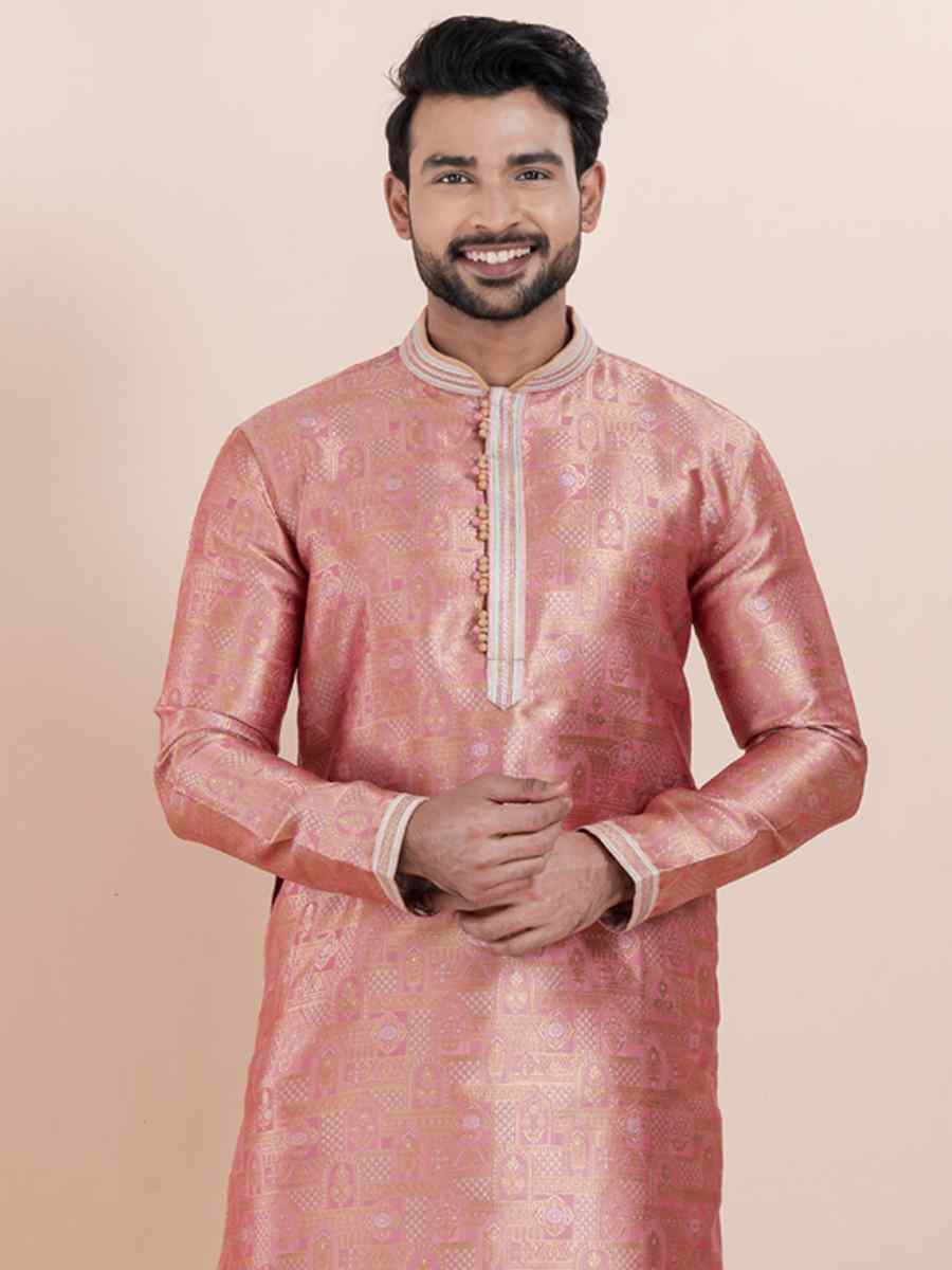 Multi Jacquard Silk Embroidered Festival Wedding Kurta Pyjama Men's Wear