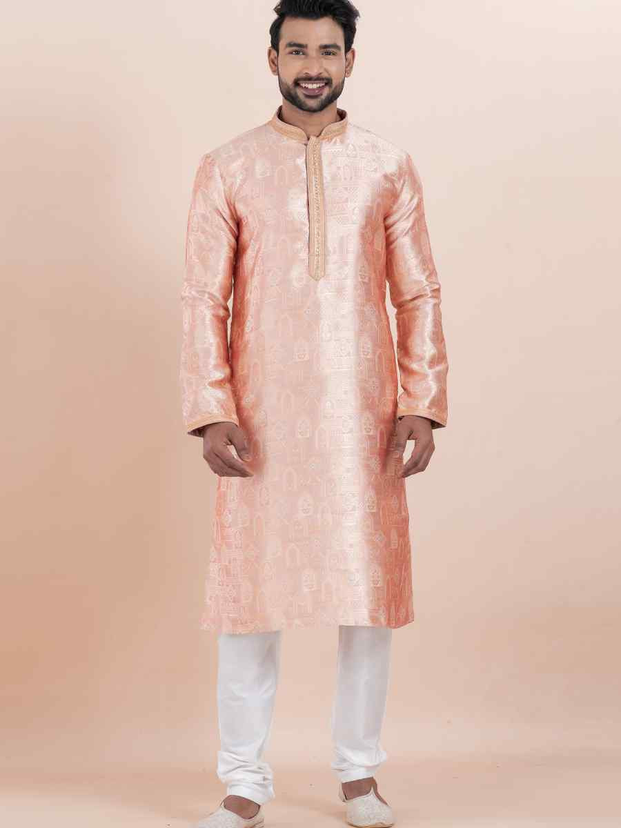 Multi Jacquard Silk Embroidered Festival Wedding Kurta Pyjama Men's Wear
